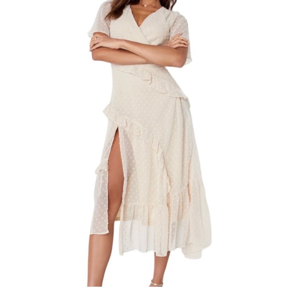 Lulus Swiss Dot V-Neck Next to You Cream Swiss Dot Ruffled Midi Dress Size M